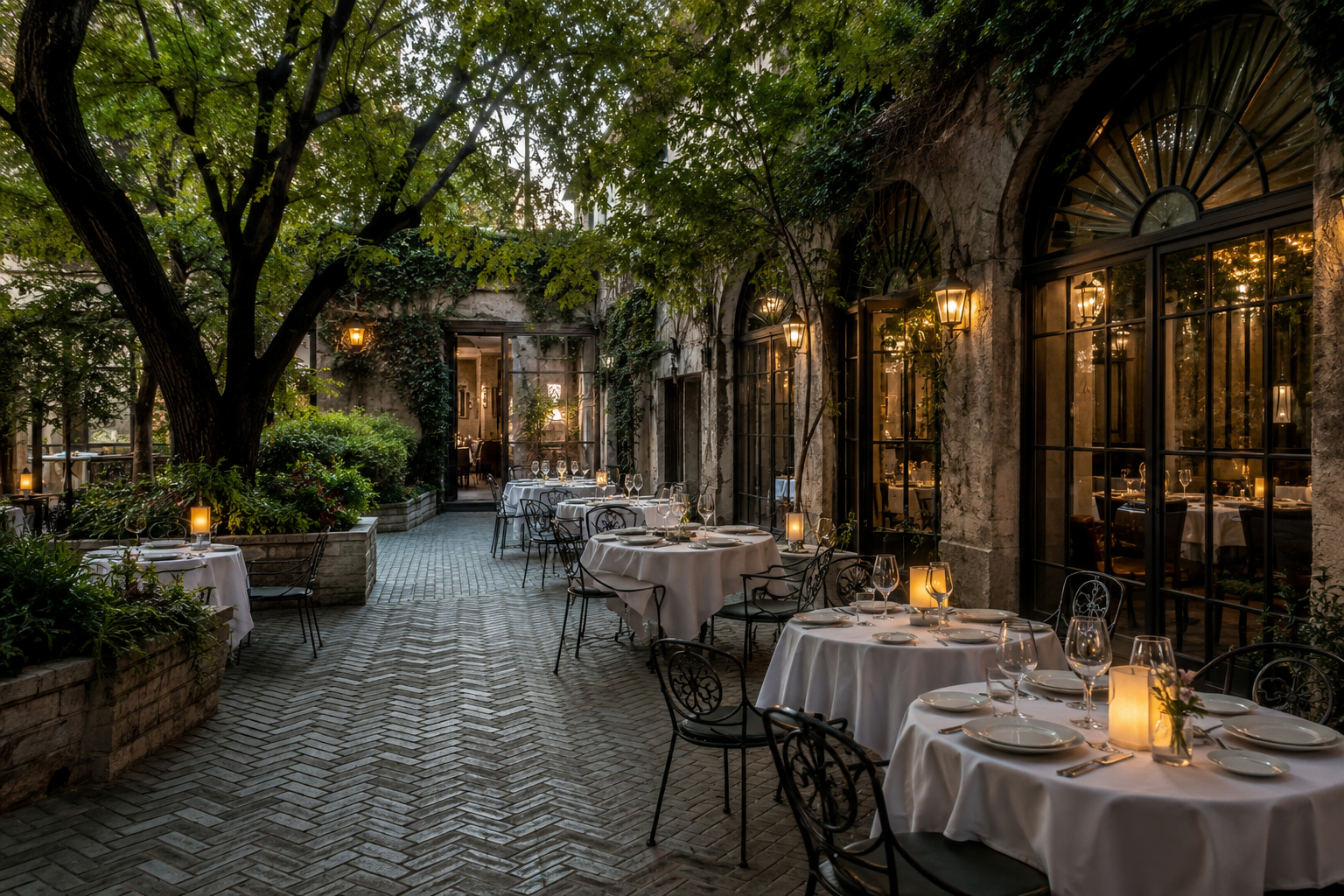 Patio de adoquines en restaurante, Madrid centro