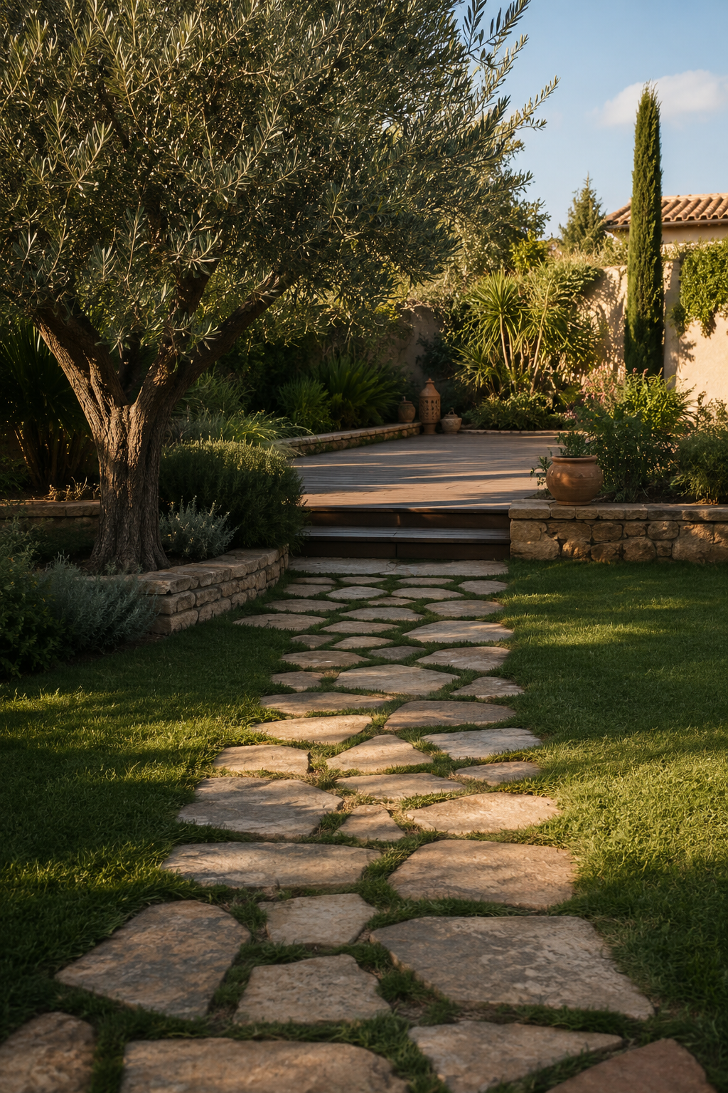 Jardín con combinación piedra y madera